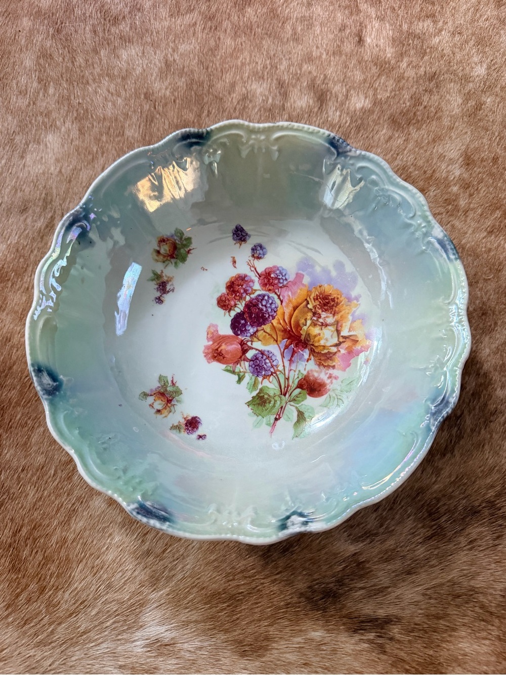 Vintage German Green Floral Porcelain Serving Bowl